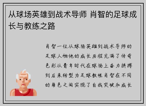 从球场英雄到战术导师 肖智的足球成长与教练之路 从球场英雄到战术导师 肖智的足球成长与教练之路